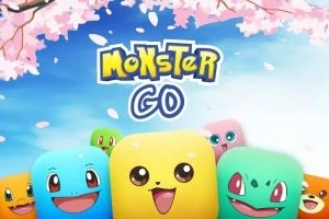 Các nhân vật hoạt hình đầy màu sắc với biểu cảm vui vẻ và nền hoa anh đào