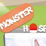 Biển hiệu màu cam và trắng với dòng chữ MONSTER HOSPITAL trên nền xanh lá cây nhạt