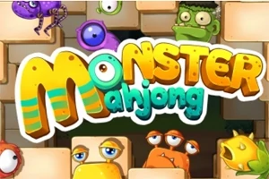 Hình ảnh có các chữ lớn với nhiều màu sắc Monster Mahjong và những quái vật đáng yêu xung quanh