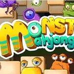 Hình ảnh có các chữ lớn với nhiều màu sắc Monster Mahjong và những quái vật đáng yêu xung quanh