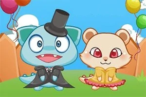 Hai nhân vật hoạt hình dễ thương đứng bên nhau, một chú mèo xanh đội mũ chóp và một chú gấu con mặc váy màu cam, phía sau là bầu trời xanh và bóng bay nhiều màu sắc