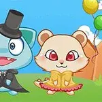 Hai nhân vật hoạt hình dễ thương đứng bên nhau, một chú mèo xanh đội mũ chóp và một chú gấu con mặc váy màu cam, phía sau là bầu trời xanh và bóng bay nhiều màu sắc