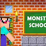 Nhân vật hình khối đứng trước bảng xanh có chữ Monster School trong phòng học với tường gạch và ngọn đuốc