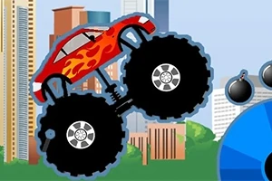 Xe tải quái vật màu đỏ với lửa trên thân xe, bánh xe lớn, phông nền là thành phố với các tòa nhà chọc trời