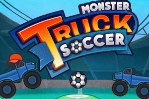 Hình ảnh hai chiếc xe tải quái vật màu xanh đang chơi bóng đá trên sân, phía trên có chữ Monster Truck Soccer
