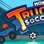 Hình ảnh hai chiếc xe tải quái vật màu xanh đang chơi bóng đá trên sân, phía trên có chữ Monster Truck Soccer