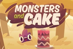 Một con quái vật đáng yêu bên cạnh chiếc bánh lớn trong khu rừng với dòng chữ MONSTERS and CAKE nổi bật