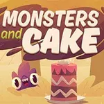 Một con quái vật đáng yêu bên cạnh chiếc bánh lớn trong khu rừng với dòng chữ MONSTERS and CAKE nổi bật