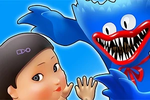 Một nhân vật hoạt hình màu xanh với miệng lớn và răng sắc nhọn đang vươn về phía một búp bê có khuôn mặt dễ thương và tóc đen