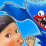Một nhân vật hoạt hình màu xanh với miệng lớn và răng sắc nhọn đang vươn về phía một búp bê có khuôn mặt dễ thương và tóc đen