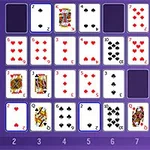 Một bộ bài được xếp thành hàng và cột trên nền màu tím, với các quân bài từ 2 đến 10, quân J, Q, K; hiển thị cả chất đỏ và đen