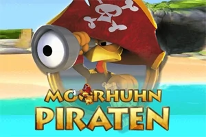 Một chú gà đội mũ cướp biển đỏ cầm kính viễn vọng trên bãi biển với chữ Piraten