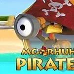 Một chú gà đội mũ cướp biển đỏ cầm kính viễn vọng trên bãi biển với chữ Piraten
