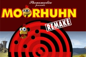 Hình ảnh có tiêu đề Moorhuhn Remake với con gà trong bia mục tiêu và phong cảnh nông thôn phía sau