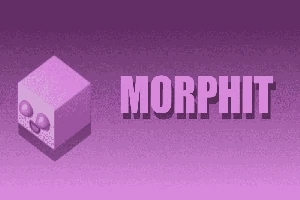 Khối lập phương mặt cười màu tím bên cạnh chữ MORPHIT trên nền màu tím gradient