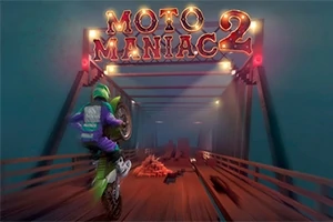 Người lái xe môtô thực hiện động tác trên một cây cầu gỗ với tấm biển Moto Maniac 2 phát sáng ở trên