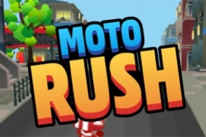 Hình ảnh có chữ MOTO RUSH nổi bật trên nền đường phố với cây cối và nhà cửa hai bên