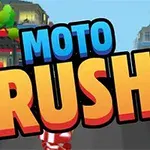 Hình ảnh có chữ MOTO RUSH nổi bật trên nền đường phố với cây cối và nhà cửa hai bên