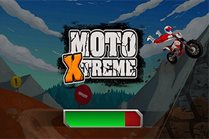Một người lái xe mô tô đang bay trên không trung bên cạnh đoạn đường đồi núi, với logo “Moto Xtreme” ở giữa và thanh tiến trình phía dưới