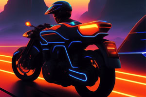 Người lái xe máy với thiết kế neon đang di chuyển trên đường phát sáng trong bối cảnh tương lai