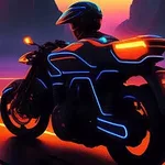 Người lái xe máy với thiết kế neon đang di chuyển trên đường phát sáng trong bối cảnh tương lai