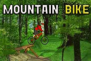 Một người đang đi xe đạp leo núi qua địa hình rừng với chiếc xe đạp và chữ MOUNTAIN BIKE ở góc trên