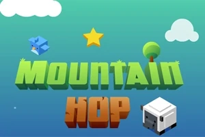 Hình ảnh có các khối chữ Mountain Hop với hình ngôi sao ở giữa, cây xanh và đám mây trên nền xanh, cùng hai sinh vật hình hộp ở hai góc