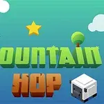 Hình ảnh có các khối chữ Mountain Hop với hình ngôi sao ở giữa, cây xanh và đám mây trên nền xanh, cùng hai sinh vật hình hộp ở hai góc