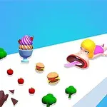 Nhân vật hoạt hình với cái miệng lớn đang nằm trên đường chạy, xung quanh có kem, bánh hamburger, súp lơ và táo trên nền xanh dương
