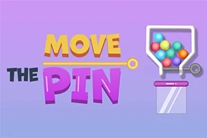 Hình ảnh có chữ MOVE THE PIN và một hộp chứa nhiều quả bóng màu sắc trên nền màu tím