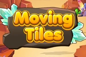 Dòng chữ Moving Tiles màu vàng trên một tảng đá với khung cảnh sa mạc và những viên đá quý ở xung quanh