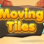 Dòng chữ Moving Tiles màu vàng trên một tảng đá với khung cảnh sa mạc và những viên đá quý ở xung quanh