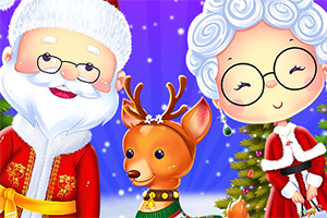 Ông già Noel, bà già Noel và một chú tuần lộc dễ thương trước nền cây thông Giáng Sinh
