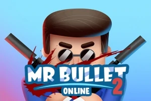 Hình ảnh một nhân vật hoạt hình đeo kính râm, cầm súng, với chữ MR BULLET 2 ONLINE nổi bật phía trước