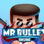 Hình ảnh một nhân vật hoạt hình đeo kính râm, cầm súng, với chữ MR BULLET 2 ONLINE nổi bật phía trước