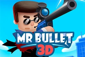 Một nhân vật hoạt hình đeo kính râm đang cầm súng ống ngắm với dòng chữ MR BULLET 3D phía trước, trên nền trời xanh và tòa nhà