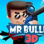 Một nhân vật hoạt hình đeo kính râm đang cầm súng ống ngắm với dòng chữ MR BULLET 3D phía trước, trên nền trời xanh và tòa nhà