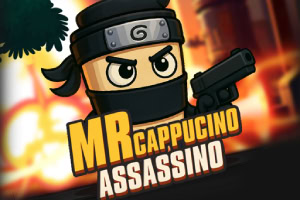 Nhân vật hoạt hình mặc đồ ninja, cầm súng, đứng trước nền lửa cháy, với dòng chữ Mr Cappuccino Assassino