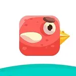Hình ảnh một biểu tượng chim màu đỏ với mỏ màu vàng và mắt to trên nền trắng