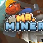 Người thợ mỏ hoạt hình với ria mép lớn, đội mũ bảo hộ vàng, đứng sau chữ MR