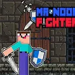 Hai nhân vật pixel đối đầu nhau với vũ khí và khiên, phía trên là chữ MR NOOB FIGHTER