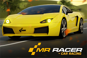 Xe thể thao màu vàng đang chạy trên đường với chữ MR RACER - CAR RACING ở góc dưới bên phải