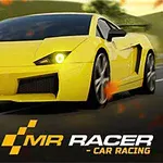 Xe thể thao màu vàng đang chạy trên đường với chữ MR RACER - CAR RACING ở góc dưới bên phải
