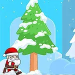 Ông già Noel đang chạy qua một khu rừng phủ đầy tuyết với những cây thông và ngôi sao vàng nhỏ