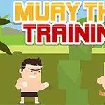 Hai nhân vật hoạt hình tập luyện Muay Thái trên nền thiên nhiên xanh, với chữ Muay Thai Training nổi bật ở phía trên
