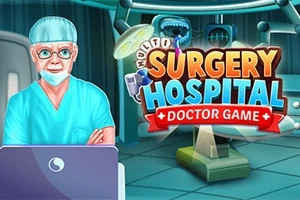 Một bác sĩ cao tuổi mặc đồ phẫu thuật đứng trong phòng mổ, bên cạnh là logo với chữ Surgery Hospital Doctor Game