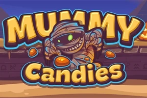 Hình ảnh một xác ướp hoạt hình cười nhe răng đứng giữa dòng chữ Mummy Candies với các viên kẹo rải rác xung quanh
