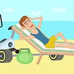 Người đàn ông nằm thư giãn trên ghế dài bãi biển với nền là biển, xung quanh có máy tập thể dục và tạ