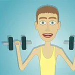 Hình ảnh minh họa một nhân vật hoạt hình đang nâng tạ với nền màu xanh