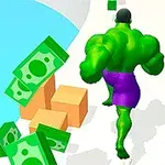 Người khổng lồ màu xanh lá cây mặc quần màu tím chạy trên đường trắng với các hộp màu cam và cọc tiền xung quanh